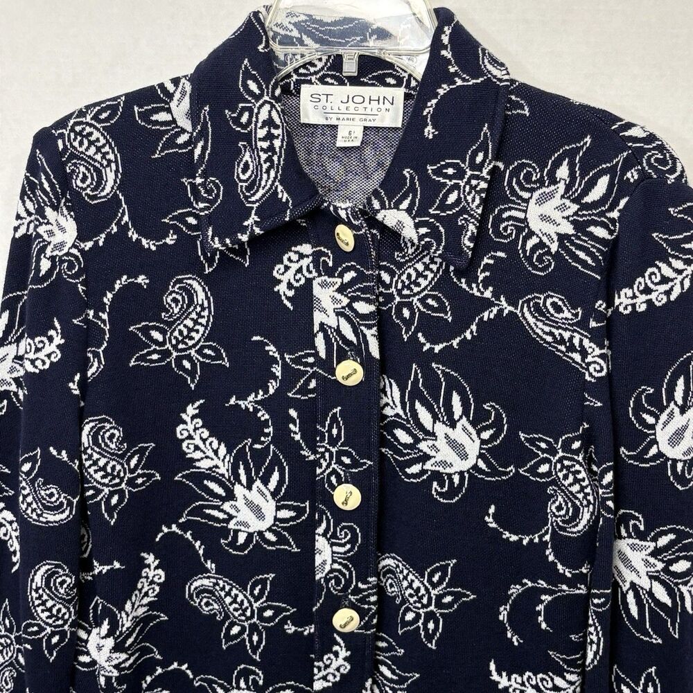 St John Collection Marie Gray Woman Navy Blue & White Floral Tapestry Cardigan 6 - Picture 2 of 8